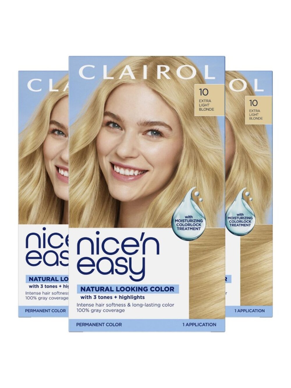 Clairol Nice'n Easy Permanent Hair Dye, 10 Extra Light Blonde Pack of 3 SEALED